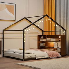 a bedroom with a bed, bookcase and desk in it that has lights strung from the roof