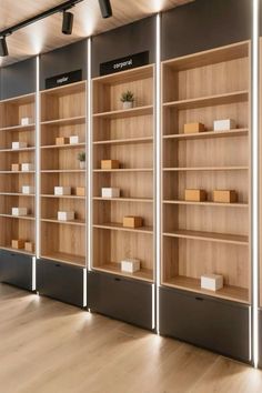 the shelves are lined with books and boxes