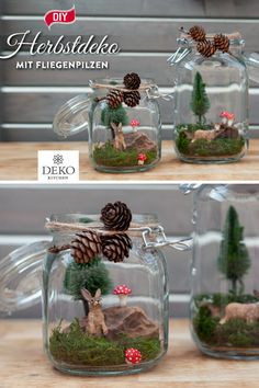 two pictures of glass jars filled with miniature animals and pineconis in the same jar