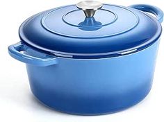 a blue casserole with a lid on a white background