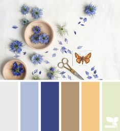 the color scheme is blue and yellow with flowers in bowls, scissors and butterflies on it