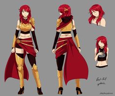 an anime character with red hair and gold armor, standing in different poses while holding a purse