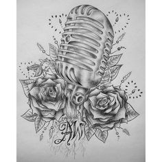 a drawing of a microphone and roses