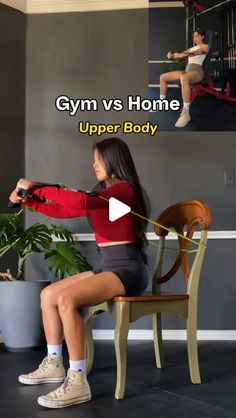 a woman is sitting on a chair while holding a gym rope in front of her