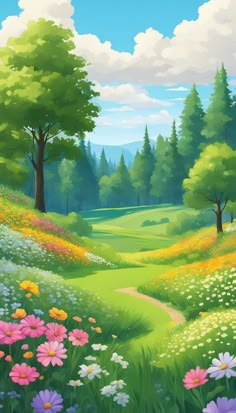 a painting of a green field with flowers and trees