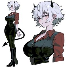 an anime character with horns on her head and white hair, wearing black tights