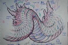 a drawing of two dragon heads with different lines on them