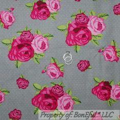 pink roses and green leaves on grey background with polka dot fabric, keychain or ring holder