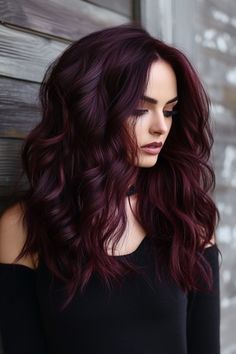 Dark burgundy hair color is a deep, rich shade that blends dark red and purple tones, creating a striking, luxurious appearance. #Dark burgundy hair color #Curlyhair Dark Burgundy Hair Color, Deep Burgundy Hair, Deep Purple Hair, Dark Burgundy Hair, Burgundy Hair Color, Wine Hair Color