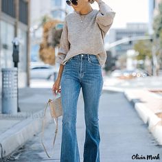 Olivia Mark - High Waist Casual Bootcut Jeans, High Stretch Slant Pockets Denim Pants, Women's Denim Jeans & Clothing Denim Decor, Outfit Jeans, Denim Patterns, Bootcut Pants, Hem Jeans, Flared Pants, Jeans Outfit, Ankle Length Pants, Women Denim Jeans