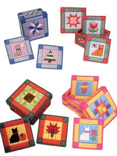 several small quilted coasters with cats and leaves on them, all in different colors