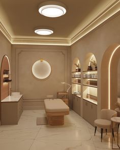 the interior of a beauty salon with white marble flooring and round lights on the ceiling