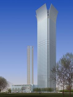 an artist's rendering of two tall skyscrapers in the middle of a park