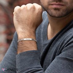 Identify yourself, remember a loved one, or display a special date with this classic engravable ID bracelet. Handcrafted in sterling silver, this 8" men's bracelet features a curb-link chain secured with a lobster clasp for just the right fit. Luxury Men's Leather Bracelet With Sterling Silver Clasp, Mens Sterling Silver Bracelets, Dad Bracelet, Geometric Triangles, Pretty Jewelry Necklaces, Creative Gifts For Boyfriend, Double Wrap Bracelet, Snap Lock, Mens Bracelet Silver