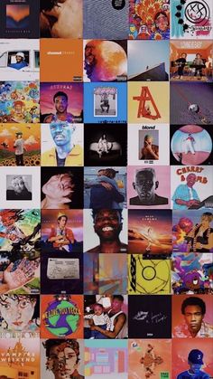 a collage of various album covers with different colors and sizes, including one man's face