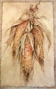 a painting of two corn cobs hanging from the side of a wall with dirt on it