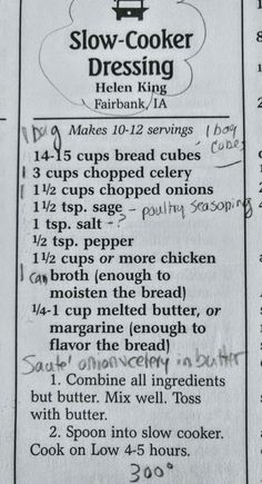 a recipe for slow cooker dressing is shown in the kitchen manuals, with instructions on how to make it