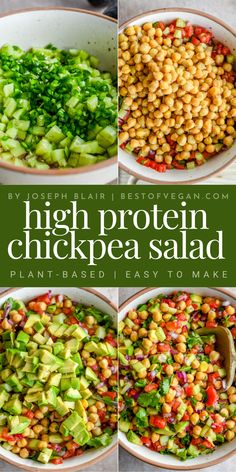 High Protein Chickpea Salad 4-image collage Chickpea Lunch Meal Prep, Non Dairy Salad Recipes, Meat Free Protein Meals, Plant Based Iron Sources, Vegan Protein Salad Recipes, Plant Based Steak Recipes, High Protein Meals With Vegetables, Veggie Diet Plan 21 Days, Dr Vegan Recipes