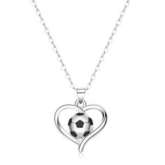 a heart shaped necklace with a soccer ball inside it