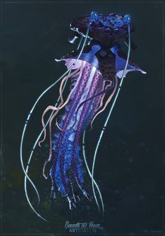 an underwater jellyfish with blue and pink tentacles floating in the water, looking like it is