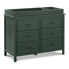 a green dresser with two drawers and one drawer on the bottom, in front of a white background