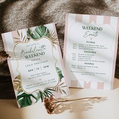 wedding stationery with tropical leaves and pink stripes