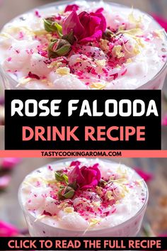 rose faloda drink recipe in a glass with pink flowers on top and text overlay