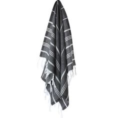 a black and white towel hanging on a hook