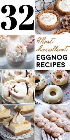 the collage shows different types of desserts and pastries, including eggnog cookies