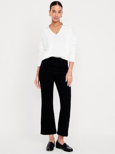 pull-on high waistband back patch pockets flare leg sits at belly button slim hip and thigh cropped flare leg hits above ankle 26" regular inseam 24" petite inseam 29" tall inseam models are approx.  5'9" and wear sizes s (4), l (12), and xl (18)machine wash according to the care instruction label  . Best Holiday gift for Women , perfect Jeans for Christmas! Flare Jeans Black, Crop Flare Jeans, Slim Hips, Crop Flare, Christmas Clothes, Cropped Flare Jeans, Business Wear, Black Flare, Cropped Flares