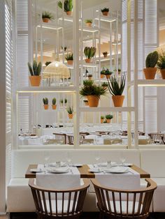 a restaurant with white walls and wooden tables