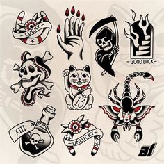 an assortment of tattoo designs on white paper