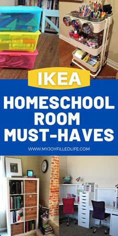 two pictures with the words ikea homeschool room must - haves