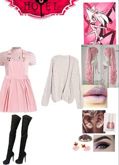 a pink outfit with black boots and accessories