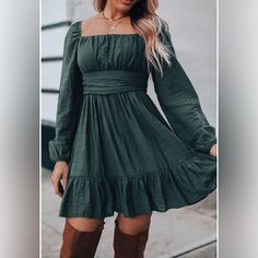 Lovely Day Dress In Green Size L Puff Sleeve Mini Dress, Square Neck Dress, Green Mini Dress, Solid Color Dress, Mini Dress With Sleeves, Mini Black Dress, Neck Designs, Women's Fashion Dresses, Puff Sleeves