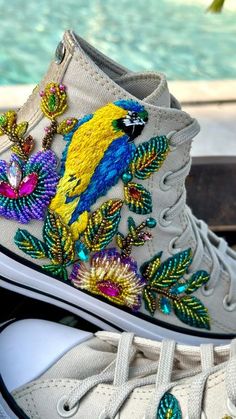 Decorating Sneakers, Sharpie Shoes, Shoe Makeover, Beaded Shoes, Funky Shoes, Fashion Illustration Dresses, Fancy Shoes, Shoes Handmade, Denim Diy