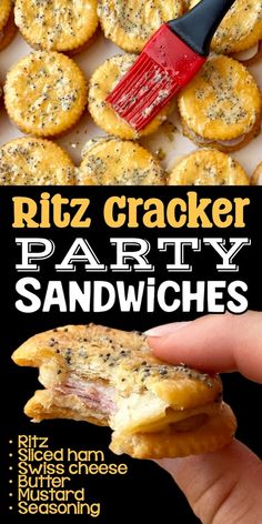 a hand holding up a cracker party sandwich in front of the camera with text overlay