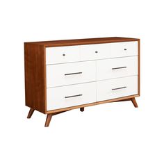 a white and wood dresser with drawers on it's sides, against a white background