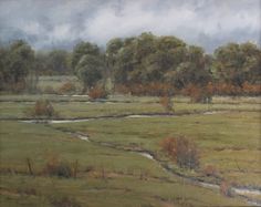 an oil painting of a stream running through a field