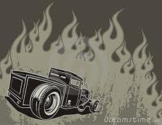 an old fashion hot rod car with flames in the background