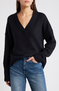 An oversized fit feels so right and relaxed in this V-neck sweater knit from cotton-blend yarn. V-neck Long sleeves Dropped shoulders Ribbed cuffs and hem 56% cotton, 19% acrylic, 18% polyester, 5% nylon, 2% spandex Hand wash, dry flat Imported Winter Relaxed Fit V-neck Sweater, Oversized V-neck Sweater With Ribbed Cuffs, Knit V-neck Sweater With Ribbed Cuffs, Oversized Cozy V-neck Sweater With Ribbed Cuffs, Oversized V-neck Sweater For Fall, Oversized V-neck Sweater With Ribbed Cuffs For Layering, Black V-neck Sweater With Ribbed Cuffs For Fall, Classic Fall V-neck Sweater For Loungewear, Relaxed Fit V-neck Sweater For Fall