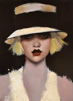 a painting of a woman wearing a white hat with yellow hair and black lipstick on her lips