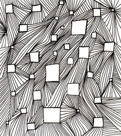 an abstract black and white drawing with squares, lines and rectangles on it