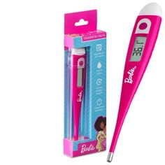 a pink electric toothbrush in its packaging next to an electronic thermometer on a white background