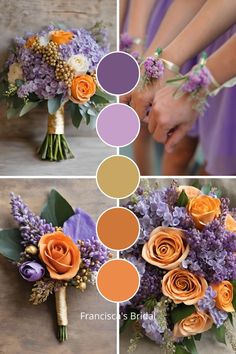 the bride's bouquets are arranged in shades of orange, purple and yellow