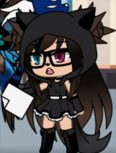 an anime character wearing glasses and a black outfit with cat ears, holding a sign