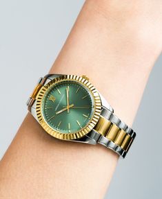 Paying homage to the bold woman in you that seeks adventure, and dares to be different, JADE was designed to inspire you to step out of your comfort zone: The chunky 36mm bezel frames an elegant green dial on a vibrant mixed gold stainless steel chain link strap. From festivals to fine dining: JADE is the perfect timeless show stopper for your wrist, transcending seasons and occasions. The only watch you’ll ever wear. Timeless Show, Seek Adventure, Out Of Your Comfort Zone, Steel Chain, Comfort Zone, Stainless Steel Chain, Fine Dining, Accessories Watches, Chain Link