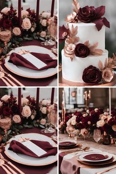 the table is set with red and white flowers, gold place settings, and burgundy napkins