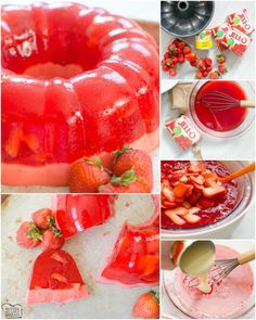 strawberry jello cake with strawberries on top