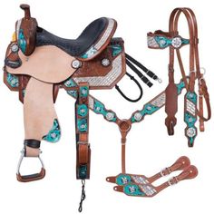 a horse saddle with turquoise and white flowers on the seat, reins and bridle